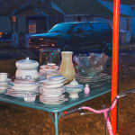 Painting of an iPhone photo with a flash of a folding table with a stack of white dishware including coffee cups, plates and bowls as well as a few vases and large bowl. There is a pink scoots leaning on a chair. In the background is a black SUV and a house with light coming from the window