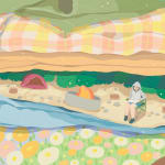 Danym Kwon - detail of "Lean On Me". A camping scene painted on one of the folded clothes.