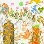Detail shot of a painting by Mu Pan of creatures, animals and human hybrids eating, sleeping, killing, flying and climbing