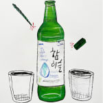 drawing of green soju bottle and two cups