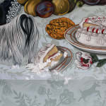 Tablescape painting of two black and white dogs on a table full of decadent food, including a basket of fruit with a grasshopper on it, a giant bouquet of flowers, a bowls of strawberries that has been know knocked over, a plate of giant shrimp, a bowl of whole fish and a white frosted cake that one of the dogs has walked into and gotten frosting all over the table.