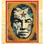Silkscreen portrait of man with star on his forehead on yellow background