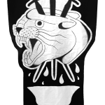 embroidered black and white banner of a panther's head pierced with three swords