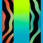 Rachel Strum - paint and resin piece, abstract gradient shapes in neon green, blue, red ,and black with blue frame