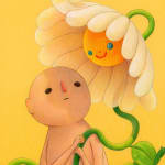 drawing of a figure holding a large anthropomorphic daisy over their head