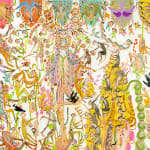Detail shot of Mu Pan painting of animals and human hybrid creatures eating, fighting, sleeping, etc
