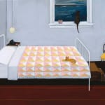Interior painting of bedroom with a window that looks out to the ocean. There is a cat in the window seal looking out of the window. There is a large bed in the center of the room with a quilt and another small orange cat laying on it. In the corner of the room is a very small chair with a yellow cushion.