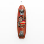 Brown wooden vintage skateboard with GATS character in a bowl of ramen with chopsticks painted on the bottom of the board