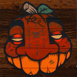 GATS character painted like a pumpkin on a wooden background