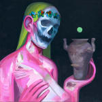 Corey K. Lamb - painting of a blonde women with skull face holding a pot in her left hand, She in nude but wearing a wreath on her head. The background is black contrasting the bright pink flesh.