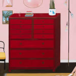 Interior painting of a a room with pink walls and a very large red dresser with several drawers. In front of the dresser is a yellow rug with a pair of black shoes and a small dog on it. There is a tall lamp next to the dresser with three lights. Above the dresser is an oval shaped mirror and two paintings.