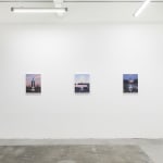 Installation view of Scott Listfield's exhibition "Extinction Stories," at Harman Projects, San Francisco. From left to right: "Mojave Phone Booth," "The Delivery," and "Coyote City"