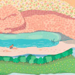 Danym Kwon's painting of folded blankets with scenes in each blanket