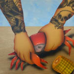 Painting of a person with tattooed arms holding a crab on a wooden surface and a corn on the cob
