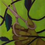 two paintings, one of a woman's fpainting of a hand cutting through vines with a scissor