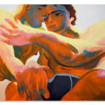Painting of two men embracing each other. They are both shirtless, one is wearing dark blue underwear. The other is turning in to kiss the other on the cheek.