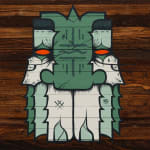 Painting by GATS of GATS character in white and green on a wooden background