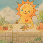 drawing of an anthropomorphic sun figure leaning its arm on a counter with plants