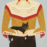 Painting of the torso of a figure wearing a yellow, red and cream western shirt with embroidery and fringe. The figure is holding a small black dog in its arms