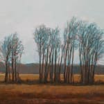 Landscape painting of the side of a highway, a group of bare trees is in the distance surrounding by dying grass and a billboard is just out of frame