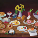Casey Gray - Spray Painting of a table of baked sweets, fruits, and flowers in front of black background.