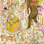 Detail shot of Mu Pan painting of animals and human hybrid creatures eating, fighting, sleeping, etc
