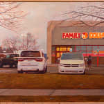 Painting of a Family Dollar store parking lot with two white vans parked in the lot and person holding balloons in their hand approaching one of the white vans
