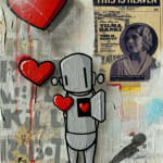 grey robot with multiple red hearts coming out of his chest
