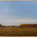 Painting of an interstate highway along a fiend with a few trees and a large neon sign