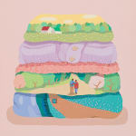 Danym Kwon - painting of stacked clothes. the clothes are either in pastel colors or painted with sceneries, such as a couple walking down a road into the forest. The background is painted pastel crimson.