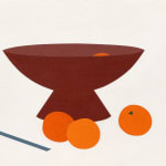 Painting of a bowl with an orange inside of it and three oranges on the surface below it