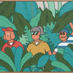 Painting of a three figures in the jungle surrounded by a green plants.