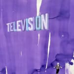 Painting with large purple vertical paint strokes in the background covering the paper with the word "TELEVISION" in bold horizontally in the center and small man in the far right corner wearing a bowler hat, plaid jacket and black pants