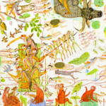 Detail shot of a painting by Mu Pan of creatures, animals and human hybrids eating, sleeping, killing, flying and climbing