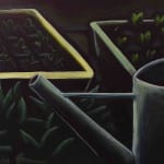 detail of Grace Tobin painting - greenhouse sprouts in dark, watering can in foreground