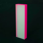 Rachel Strum - epoxy neon sculpture of vertical rectangle strip - green and hot pink.