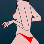 Painting or woman in red thong and topless with her back facing the viewer on a navy background by Jillian Evelyn