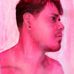 Self portrait of the artist in pink. His face is turned to the side, he is shirtless.