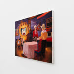 Painting of a television set with three men dressed as cowboys standing around a table with a red and white checkered table cloth. In the background is a painting on the wall of a cowboy and other western paraphernalia