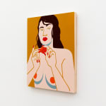 Painting of woman eating a clementine topless on a mustard yellow background by Jillian Evelyn