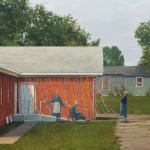 Painting of three amish women with rollerblades on standing in front of a brick red church. There are party streamers in multicolor hanging from the roof of the church. In the background is a blue house and trees