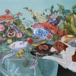 Sabrina Bockler painting of feast on table, flowers, fruit, lobsters, etc - two dogs eating the food
