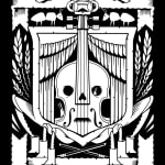 Black and white illustration of a crest like composition depicting a large mantis, a fiddle, stems of wheat, and ants by artist Jeremy Fish