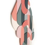 side view of a painted wood sculpture featuring various spirals and swirls in gray, pink, and white by Scott Albrecht