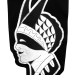 embroidered black and white banner of a person side profile wearing a mask