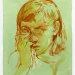 Painting of a woman holding a tissue to her eyes, looking off into the distance.