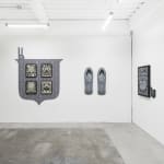 Installation view of Jeremy Fish's solo exhibition "The Moral Compass" at Harman Projects, SF. From left to right: four exclusive prints, The Little Fish and His Momma, The Dog In The Manger, and The Goose and The Golden Egg