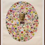 Collage of a variety of cutout flowers in an oval with a statue head in the center