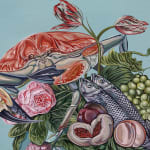 Detail of Sabrina Bockler painting of feast on table, flowers, fruit, lobsters, etc