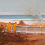 Landscape painting of a frozen lake with an above ground pool that is has a small fire in it and two people in hazmat suites are standing near the ledge
